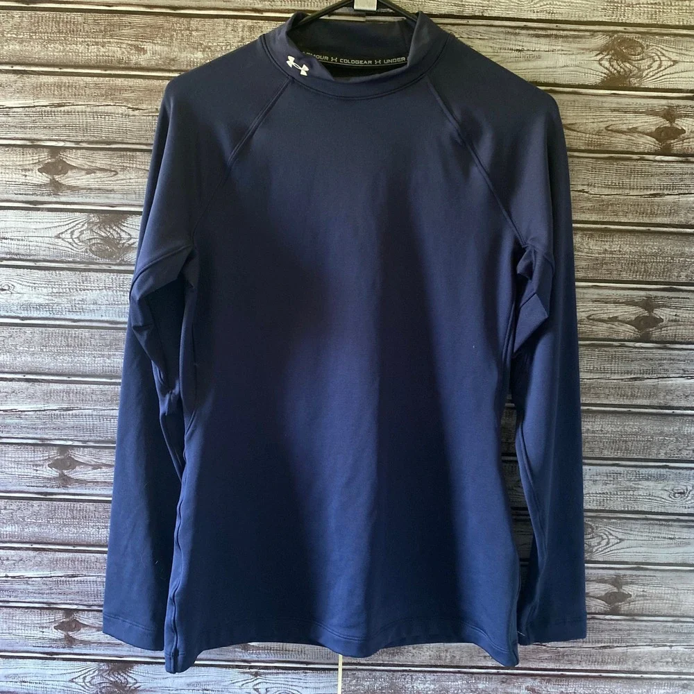 Under Armour Women's Fitted Cold Gear Long-Sleeved Mock Neck Top Sz L Blue Logo - Picture 2 of 6